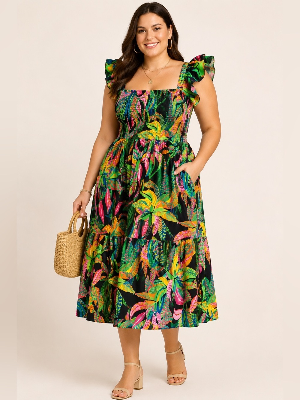 Live 4 Truth Tropical Smocked Midi Dress 1X Bright Floral Flutter Sleeve